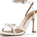 iiimmu Women's Bow Heels 4 IN Stiletto Heeled Sandals for Women Round Open Toe Sandals Elegant Summer Heels Soft PU Leather/Faux Suede 7