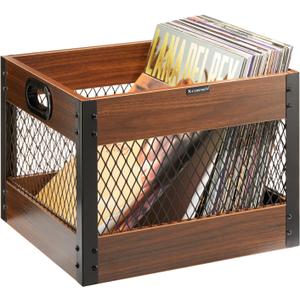 X-cosrack Vinyl Record Storage Crate, Wooden LP Album Shelf Vinyl Storage Cube Organizer Box (Brown, black)
