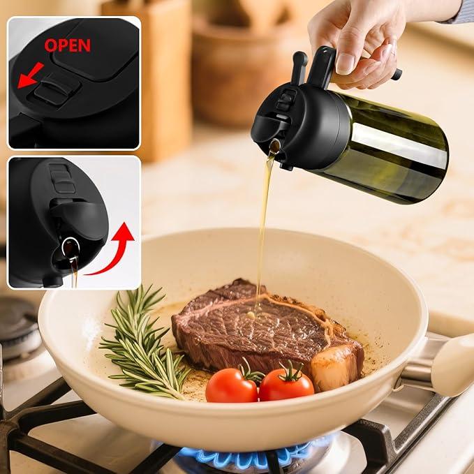 SWEET VIEW 1Pc Olive Oil Dispenser and Oil Sprayer 16oz/470ml Glass Light-Proof Oil Pourer for Kitchen, Air Fryer, Cooking, Salad, and BBQ (Black&Black)
