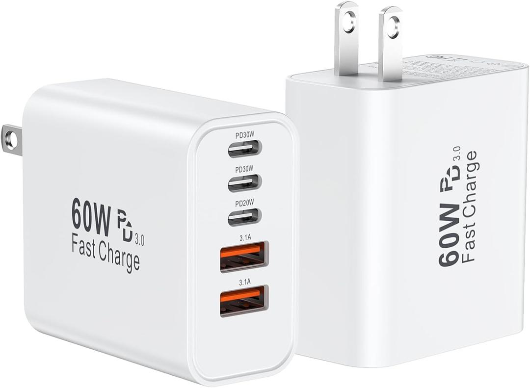 USB C Fast Charger Block, 60W USBC Wall Charger Plug, 2Pack 5-Port Type C Phone Charging Cubes Power Adapter Multiport Brick for iPhone 17/16/15/14/13/12/11/Pro Max/Plus/Air, iPad mini/Pro,Galaxy S25
