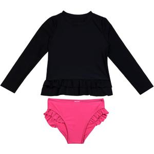 HODOSPORTS Girls Rash Guard Shirts Swimsuit UPF 50+ Quick Dry Two Piece Long Sleeve Bathing Suits (5-6 Years, Black/Hot Pink)