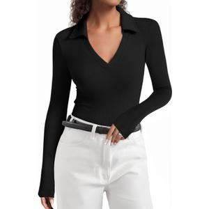 Long Sleeve Polo Shirts for Women V Neck Business Casual Work Tops Collared Shirts Slim Fit T-Shirts Fall Clothes (X-Large, Black)