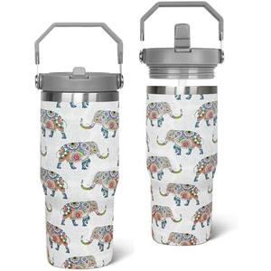 Zifmrtrwn Elephant Tumbler with Handle and Flip Straw Boho Mom Cup Insulated Leak Proof Coffee Travel Mug Water Bottle White Elephant Gifts for Women Decor-30 oz(1PCS)