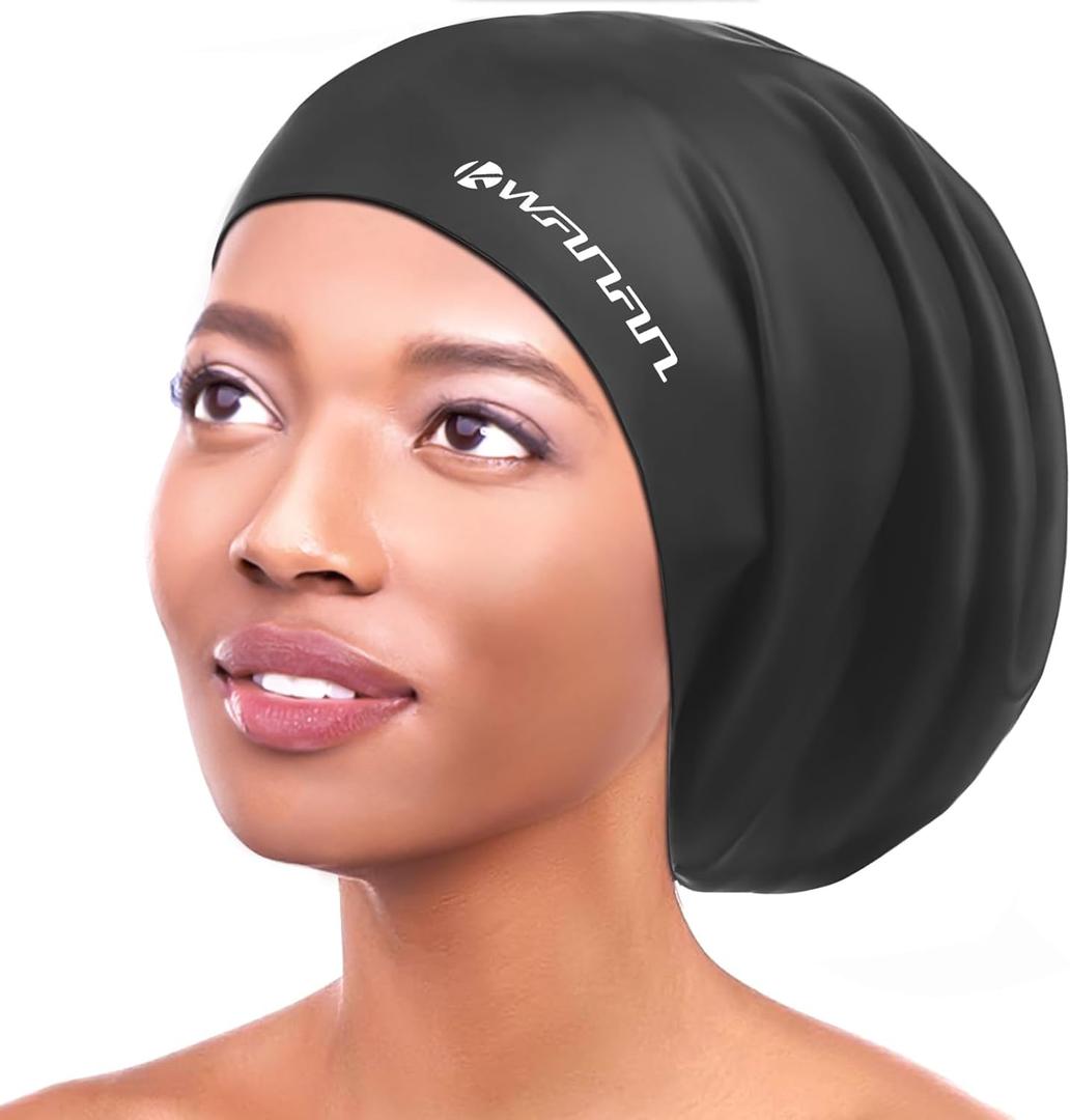 Extra Large Silicone Swim Cap for Long Hair and Protective StylesWaterproof Swimming Cap for Men and Women with Dreadlocks, Weaves, Extensions, Braids, Curls, and AfrosKeep Hair Dry (Black)