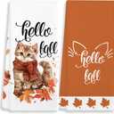 Fall Kitchen Towels Set of 2 - Cat & Hello Fall Script Decorative Hand Towels - 16"x24" Dish Towel for Farmhouse Kitchen, Bathroom, Seasonal Home Dcor.