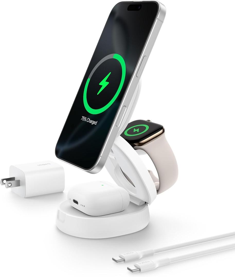 Belkin MagSafe Charger Compatible, 3in1 Qi2 15W Wireless Charging Station, Convertible Wireless Charger for iPhone 17, Apple Watch, AirPods, Pixel 10, Phone Stand for Travel w/ 36W Adapter  White