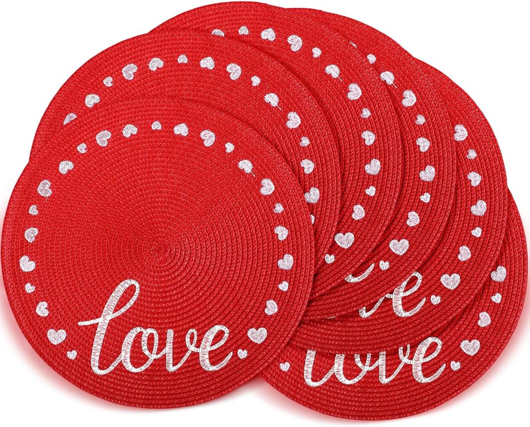 Remerry Valentine's Day Placemats Set of 6 Love Embroidered Round Placemats Round Braided Place Mats Decorative Dinner Table Mats for Valentine's Day Holiday Kitchen Dining Table Decoration