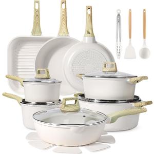 GiPP 21Psc Pots and Pans Set Non Stick White Granite Kitchen Cookware Sets Nonstick Induction Cookware Non-toxic Cooking Pan Set with Silicone Utensils, PFOS and PFOA Free (21PCS)