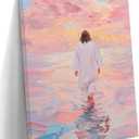 Shrandi Jesus Walking On Water Canvas Wall Art Pink Jesus Wall Decor Religious Christian Pictures Prints for Bedroom Living Room Church Decoration 12 * 18In (Stretched Canvas on A Wooden Frame), 24"L x 16"W