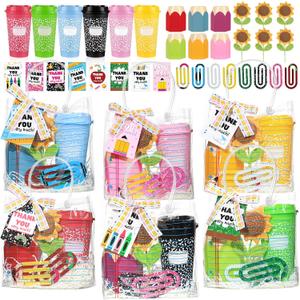 6 Sets Teacher Appreciation Gifts Bulk Include Clear Gift Bags Reusable Coffee Cups Pencil Holders Jumbo Paper Clips Back to School Thank You Gifts for Women Employee Coworkers Birthday Gift Basket