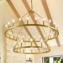47" Gold Wagon Wheel Chandelier, 2 Tiers 36-Light Large Farmhouse Chandelier for High Ceilings, Round Rustic Pendant Light Fixture for Foyer, Entryway, Dining Room, Staircase