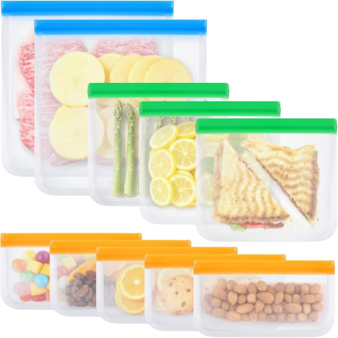 Ninsula 10 Pack Reusable Sandwich Bags, Dishwasher Safe Food Storage Bags, Leakproof Freezer Bags for Marinate Meats, Travel, Lunch, 2 Gallon 3 Sandwich 5 Snack