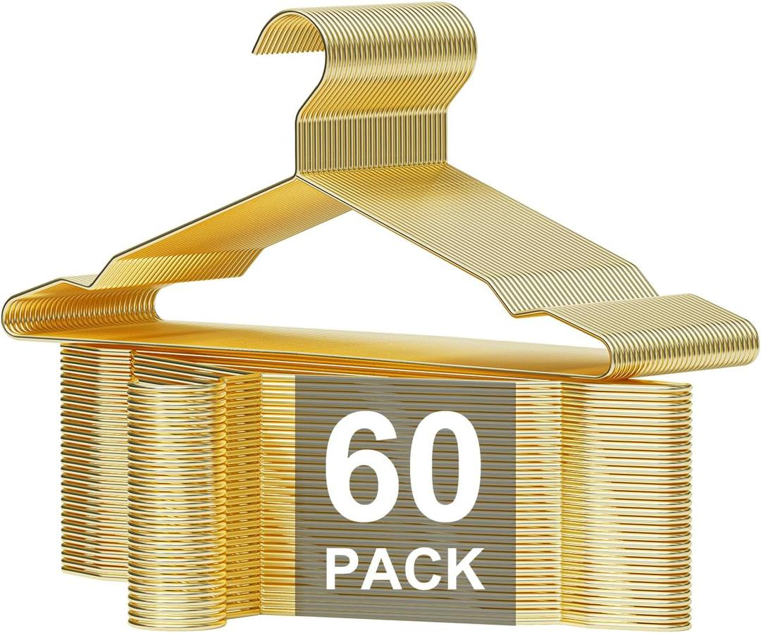 Metal Wire Clothes Hangers Bulk 60 Pack with Notches for Standard Size Coats, Shirts, Suits, Pants, Heavy Duty, Space-Saving, Gold