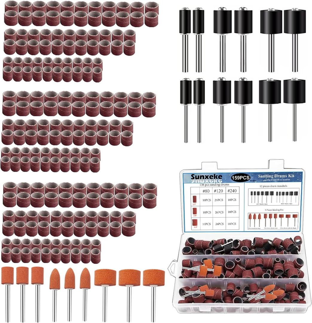 Sanding Drum Set for Dremel Rotary Tools-Includes 138 Aluminum Oxide Drum Sander Sanding Sleeves (80,120,240 Grit),12 Drum Mandrels and 9 Sanding Bits,Sanding Bits Tool Accessories with Box