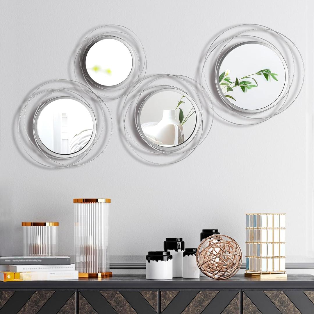 Hicarer 4 Pcs Decorative Wall Mirror Round Modern Mirror Circle Mirror Wall Art Ring Metal Mirror Wall Decor Wall Mounted Mirror for Bedroom Living Room Entryway Dining Room Hallway (Silver)
