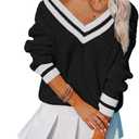 Womens V Neck Oversized Sweaters Long Sleeve Cable Knit Pullover Striped Chunky Sweater Casual Tennis Tunic Tops (Small, All Black)