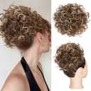 Lommel Messy Bun Hair Piece Short Curly Ponytail Extension Elastic Drawstring Loose Wave Curly Hair Buns Hair Piece Synthetic Hair Extensions Hair Bun for Women Daily Use(Light Golden with Brown)