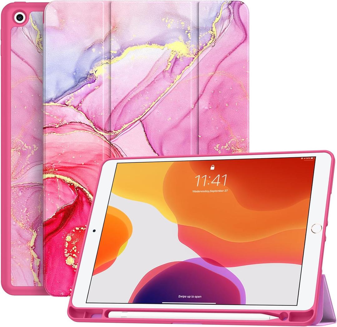 Soke Case for iPad 9th Generation 2021/8th Gen 2020/7th Gen 2019 with Pencil Holder - Premium Shockproof Case with Soft TPU Back Cover & Auto Sleep/Wake for iPad 10.2 Inch, Hot Pink Marble