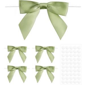 Anwyll 50Pcs Twist Tie Bows - 3.5Inch Premade Gift Bows for Cake Gift Wrapping Balloon Craft Treat Bag Satin Ribbon Bow for Summer Decoration Birthday Party Bridal Shower Wedding Favors (Green)