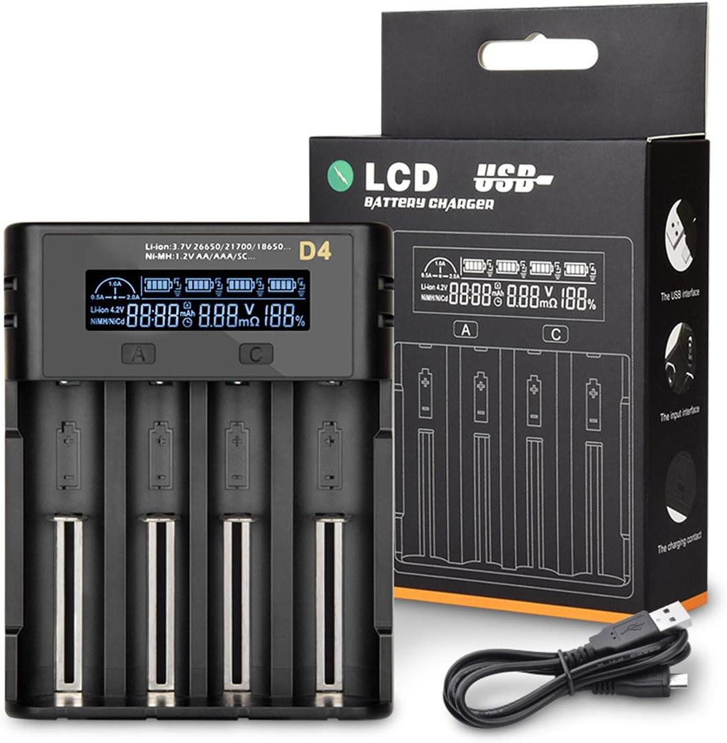 4-Slot Smart Battery Charger for 18650 26650 21700 Li-ion/Ni-MH/Ni-CD, LCD Display with Auto Detection & Safety Protection