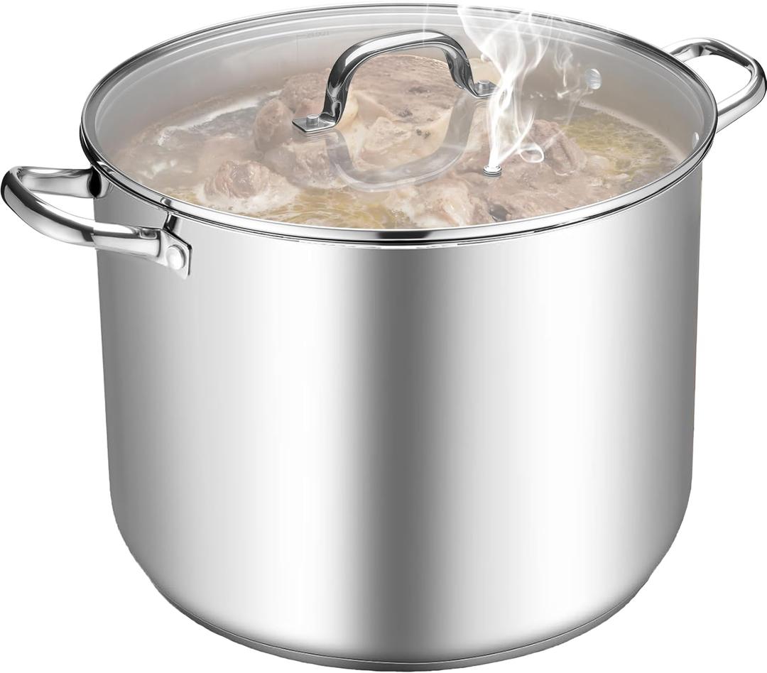 TeamFar Stainless Steel Stock Pot, 24QT Large Stockpot Tri-ply Bottom Cooking Soup Pot with Glass Lid, for Induction Gas Glass Stovetops, Non Toxic & Heavy Duty, Large Size & Easy Clean, 24 Quarts