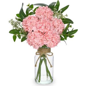 Hollyone Pink Hydrangea Artificial Flowers in Clear Glass Vase with Faux Water Silk Hydrangeas Fake Flowers Floral Arrangement for Home Bathroom Kitchen Office Table Centerpiece Shelf Decorations