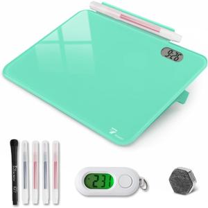 Small Glass Desk Whiteboard Dry-Erase Board with Clock, Small Travel Clock Keychain with Desk Notepad, Time Table Whiteboard for Desk Digital LED Light Display, 8x6 in with Accessories, Turquoise