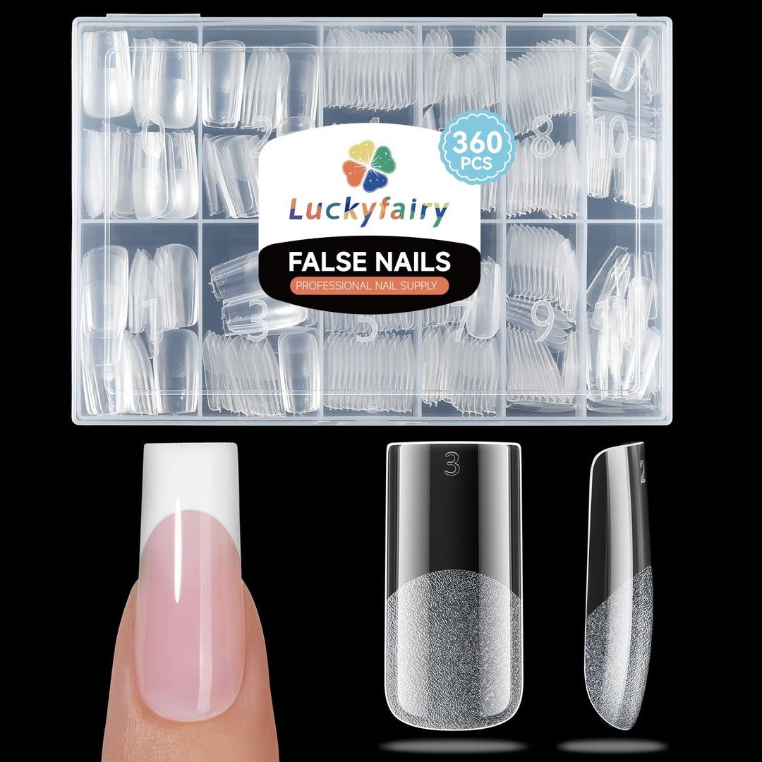 Luckyfairy Medium Square Nail Tips, 360pcs Soft Gel Pre-Shaped Acrylic Fake Nails, Half Matte Full Cover Clear Gelly Press on Flase Nail Tips for Extension Nail Manicure Home DIY 12 Sizes Gelly Tips