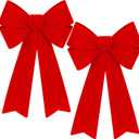 2 PCS Christmas Decorations, 12 x 18 Inches Large Christmas Bows, Red Velvet PVC Indoor Outdoor Xmas Tree Bows Wreath Bow Party Supplies Xmas Ornaments for Door Fireplace Stairs Railing Porch