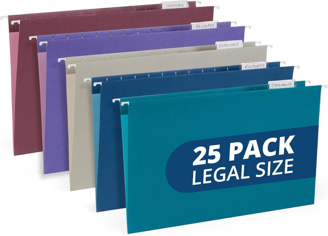 25 Blue Summit Supplies Colored Hanging File Folders Legal Size, Assorted Jewel Tone Colors, Legal Size Hanging File Folders for Filing Cabinet with Plastic Tabs and Inserts, Durable 11pt Paper