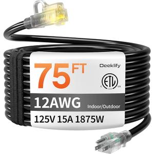 12AWG 75 FT Heavy Duty Outdoor Extension Cord Waterproof with Lighted End,Black 12 Gauge Extension Cord Flexible and Cold Resistant 3 Prong Grounded Plug,15Amp 1875W SJTW ETL Listed