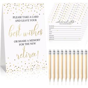 Fumete 50 Pieces Gold Retirement Party Advice and Wishes Cards with 10 Small Pencils and 1 Cardstock Place Card Retired Ideas Supplies and Decoration for Retirement Party Activities