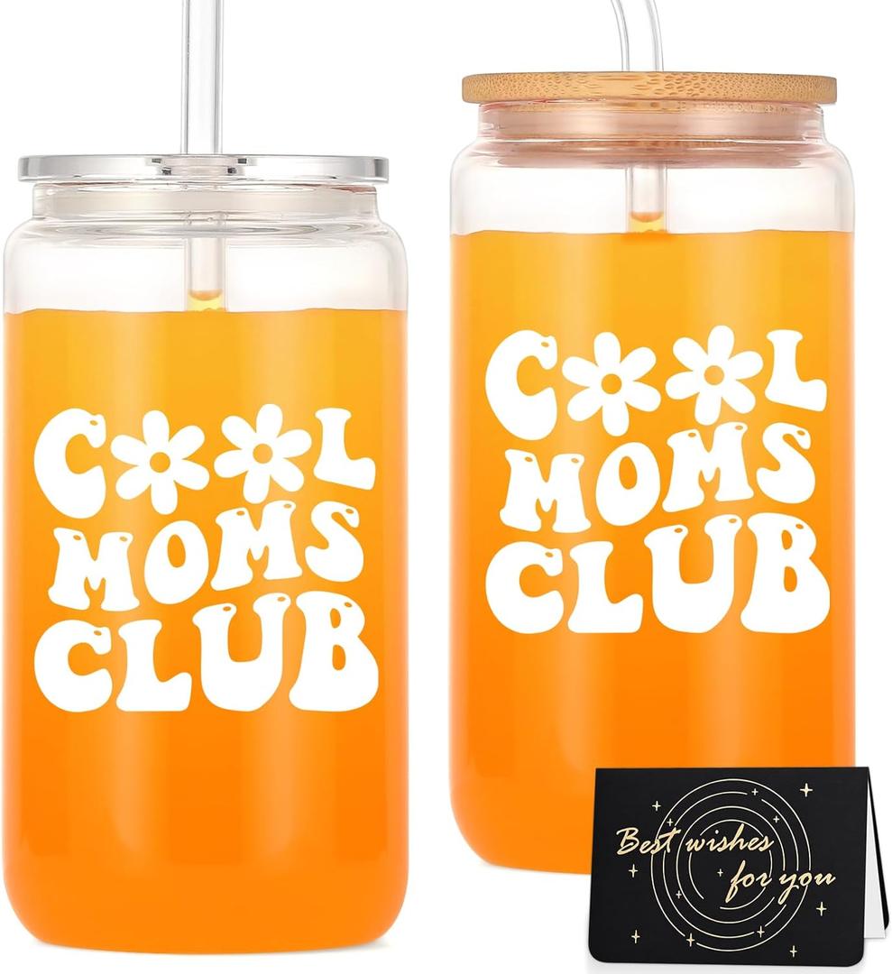 2 x Mom Gifts, Cool Moms Club 18 Oz Can Glass Cup, Funny New Mom Presents Ideas for Mother's Day Birthday Valentine's Day