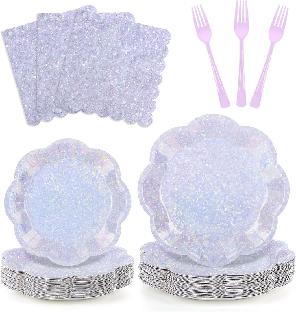 100pcs Lavender Paper Plates and Napkins Party Supplies,Iridescent Disposable 9inch Plates,7inch Dessert Plates and Napkins and Forks,Holographic Tableware for Birthday Wedding Baby Shower,Serves 25