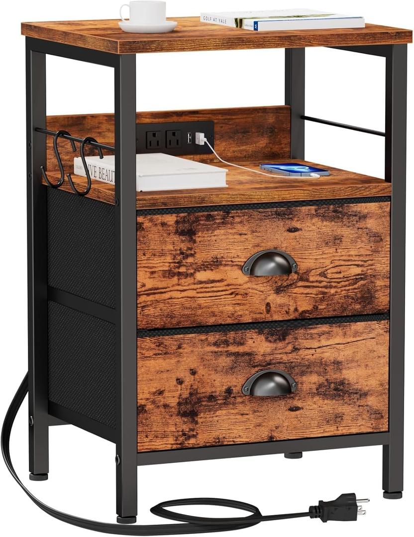 Furologee End Table with Charging Station, Nightstand with Fabric Drawers, Side Table with USB Ports & Outlets, Night Stand with Storage Shelf & Hooks, for Living Room/Bedroom, Rustic Brown (1 pc)