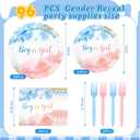 96 Pcs Gender Reveal Plates and Napkins set-Serve 24, Boy or Girl Gender Reveal Party Tableware Set Includes Disposable Scalloped Paper Plates Napkins & Forks for Baby Gender reveal Party
