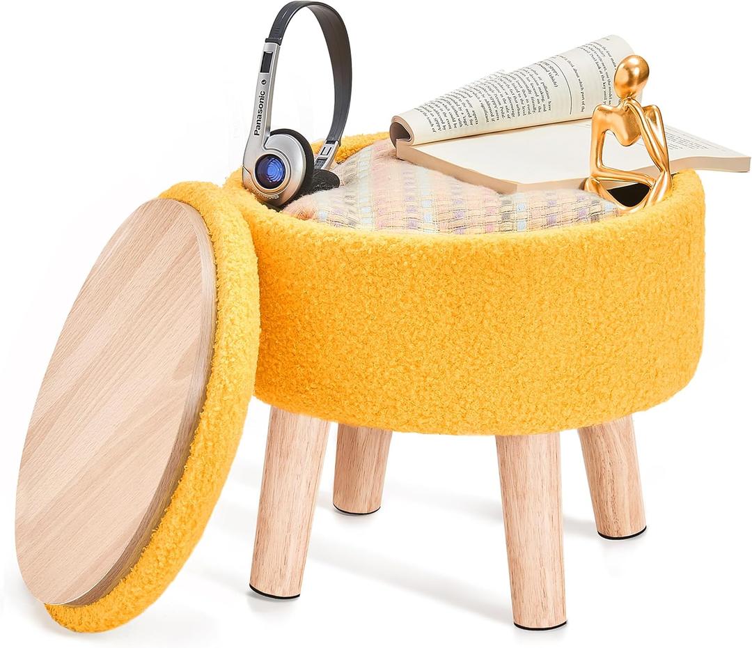Poofzy Small Ottoman with Storage, Small Foot Stool Ottoman with Wood Legs, Sherpa Foot Rest for Couch, Living Room and Bedroom - Yellow