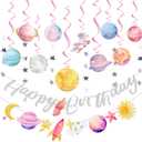 Pre-strung Space Party Decorations for Girls, Pink Space Themed Party, Pastel Outer Space Party Decorations, with 2 Banners, Solar System Planet Swirl Streamers, Hanging Dazzling Star Garlands for Kids, Girls
