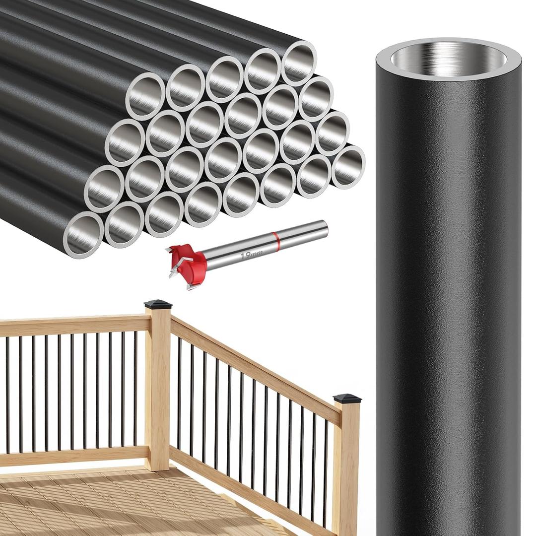 29 Inches Aluminum Deck Balusters - 25 Pack 3/4" Diamete Black Hollow Round Metal Deck Spindles with Bit, for Stair Deck Railing Porch