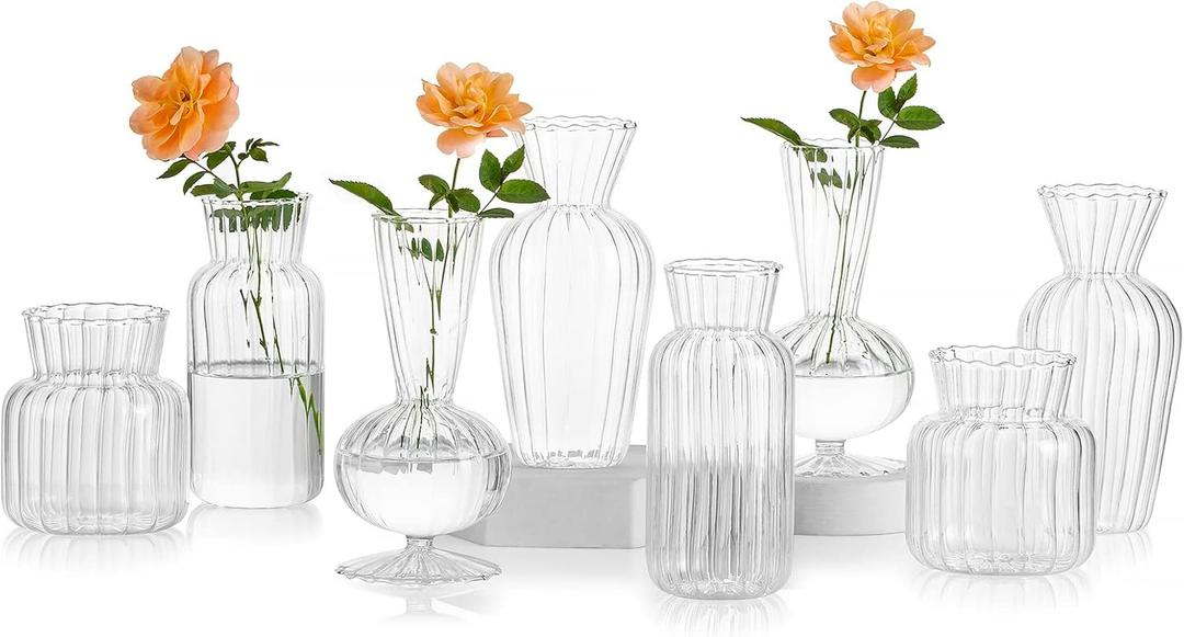 Mini Glass Vases for Centerpieces - Hewory Clear Small Bud Vases in Bulk, Cute Flower Vases Set for Wedding, Home Decoration, Table Decor (Clear, 8)