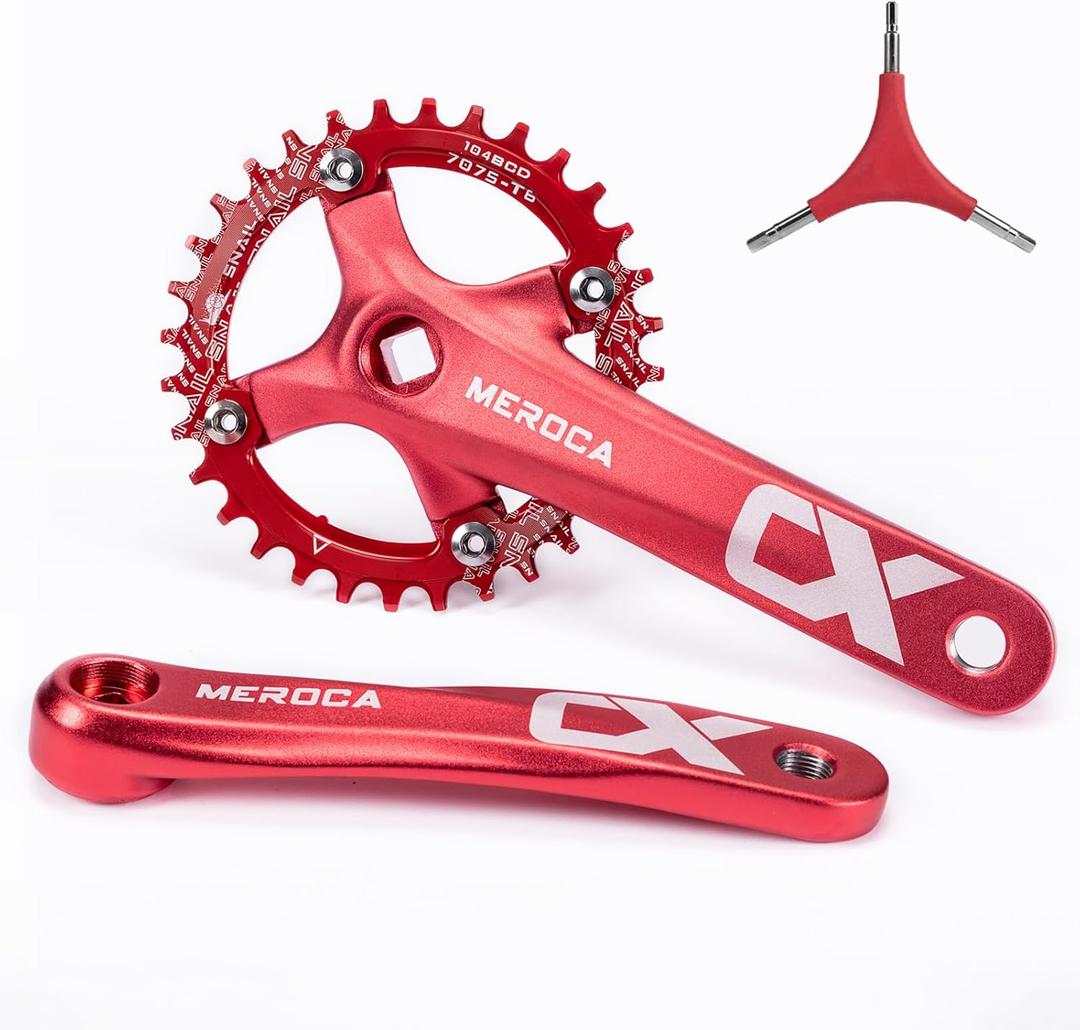 Cyclon Single Speed Square Taper Crankset, 170mm Mountain Bike Crankset with 104BCD 32T/34T/36T/38T/40T/42T Narrow Wide Tooth Round Black Chainring, Replacement for Bicycle Crank Arm Set MTB Crankset (Red)