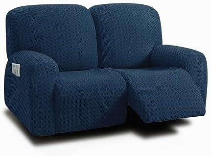 ULTICOR Reclining Loveseat Slipcover, 48" - 65" L, 6-Piece Jacquared Stretch Loveseat Reclining Sofa Covers, 2 seat Loveseat Recliner Cover, Thick, Soft, Washable (Style 2) (Navy)