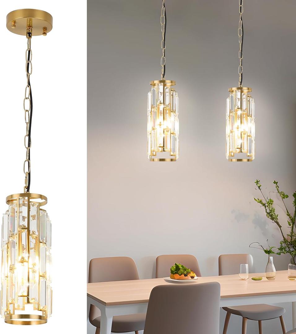 Mini Chandelier Pendant Lights, Gold Crystal Pendant Light for Kitchen Island, Dining Room, Bedroom (1 Pack) (Round)