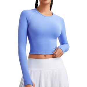 RUNNING GIRL Long Sleeve Workout Tops for Women Soft Crew Neck Basic Tight Cropped Top Casual Seamless Shirt (X-Large, A-light Blue)