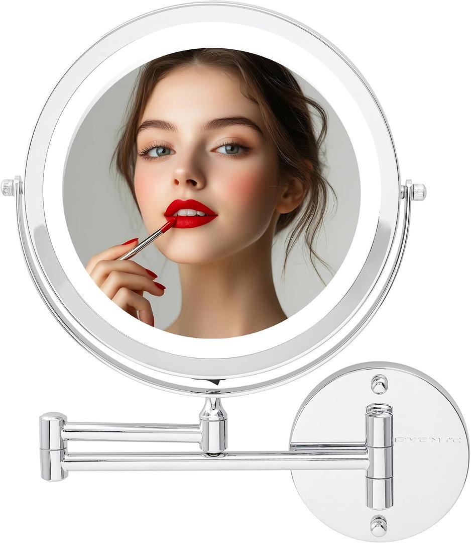 OVENTE Wall Mounted Lighted Makeup Mirror, 9" Double Sided 1X/10X Magnifying Vanity Mirror for Bathroom with LED Lights, Cordless, 360 Rotation and 13" Extendable Arm, Polished Chrome MFW85CH1X10X