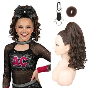 SEIKEA Cheer Ponytail Hair Piece, 14" Curly Cheerleader Hairpiece Ponytail Extension for Cheerleader Competition, Dance Black Brown with Deep Brown Highlights