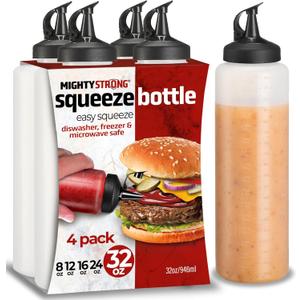 Condiment Squeeze Bottles - 32 Oz Squirt Bottles for Liquids, Easy Pour Sauce Bottles with Leak Proof Snap Cap
