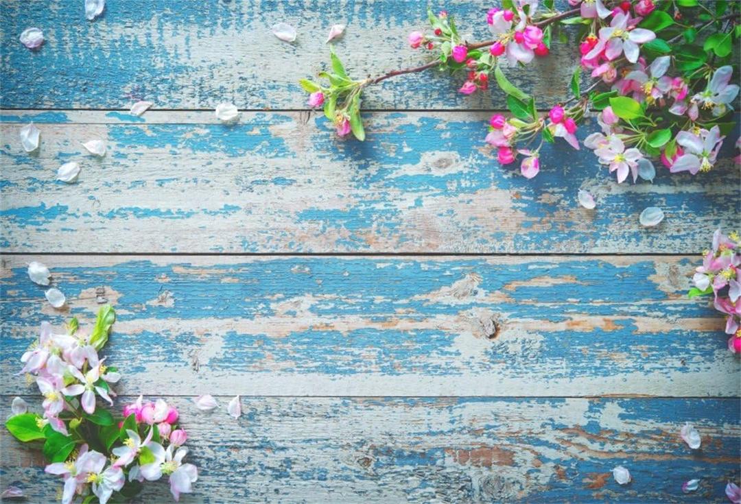 AOFOTO 5x3ft Flower Branch and Floral Petal on Old Wooden Board Backdrop Flat Lay Vintage Peeling Off Wood Floor Photography Background Grunge Hardwood Plank Infant Baby Portrait Props Vinyl Wallpaper