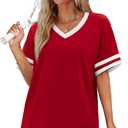 WIHOLL Womens T Shirts Loose Fit Short Sleeve Tees V Neck Color Block Summer Tops 2026 Fashion S-4XL (XXL)