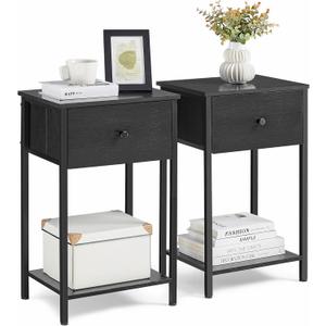 VASAGLE Nightstands, Set of 2, Side Table with Fabric Drawer, 24-Inch Tall End Table with Storage Shelf, Bedroom, Black ULGS221B21
